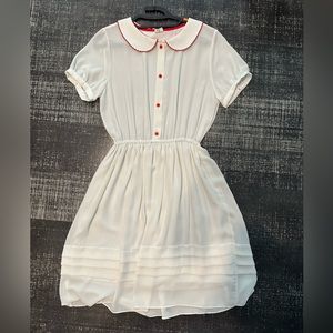 White, sheer, girlish, midi summer dress with an embroidered collar.